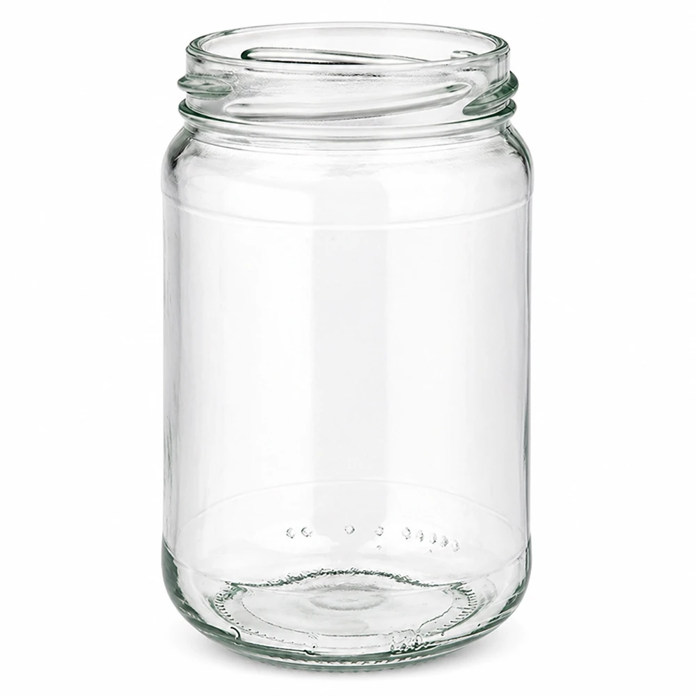 305ml rund glasburk utan lock (TO63) UNiTWIST Tom rund burk UNiTWIST Runda305 med 305 ml kapacitet och TO63-lock av transparent glas för konserver