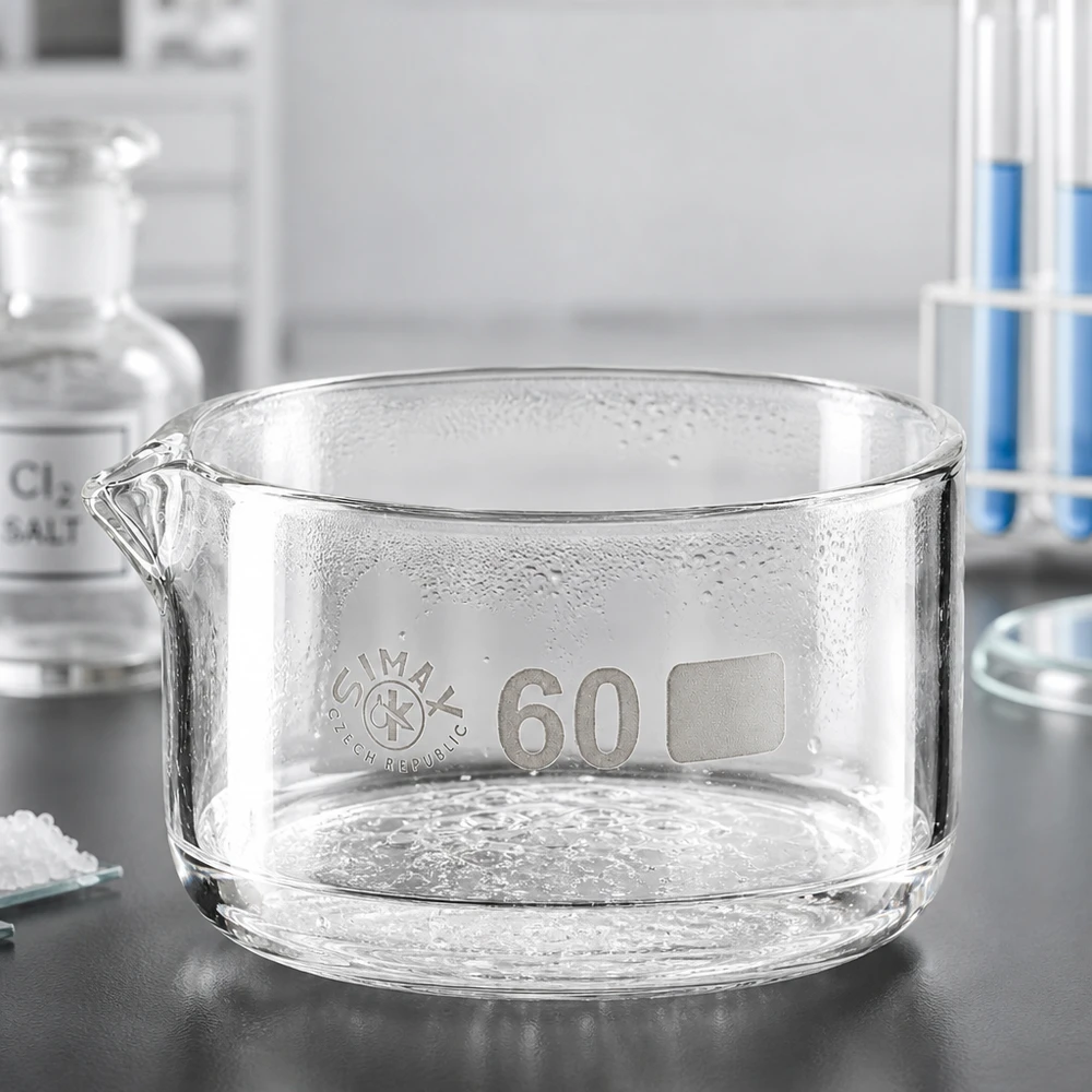 60ml kristalliseringsskål med pip av borosilikat ø60mm Kristallisationsskål 60 ml, borosilikatglas, Simax, Tjeckien, utlopp, platt, cylindrisk, laboratorieskål, klar
