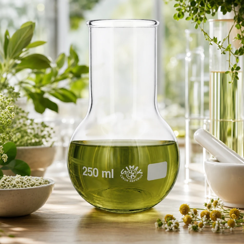 Höftkolv 250 ml bred hals Laboratoriekolv 250 ml med vid hals och grön vätska på träbord bredvid botaniska växter