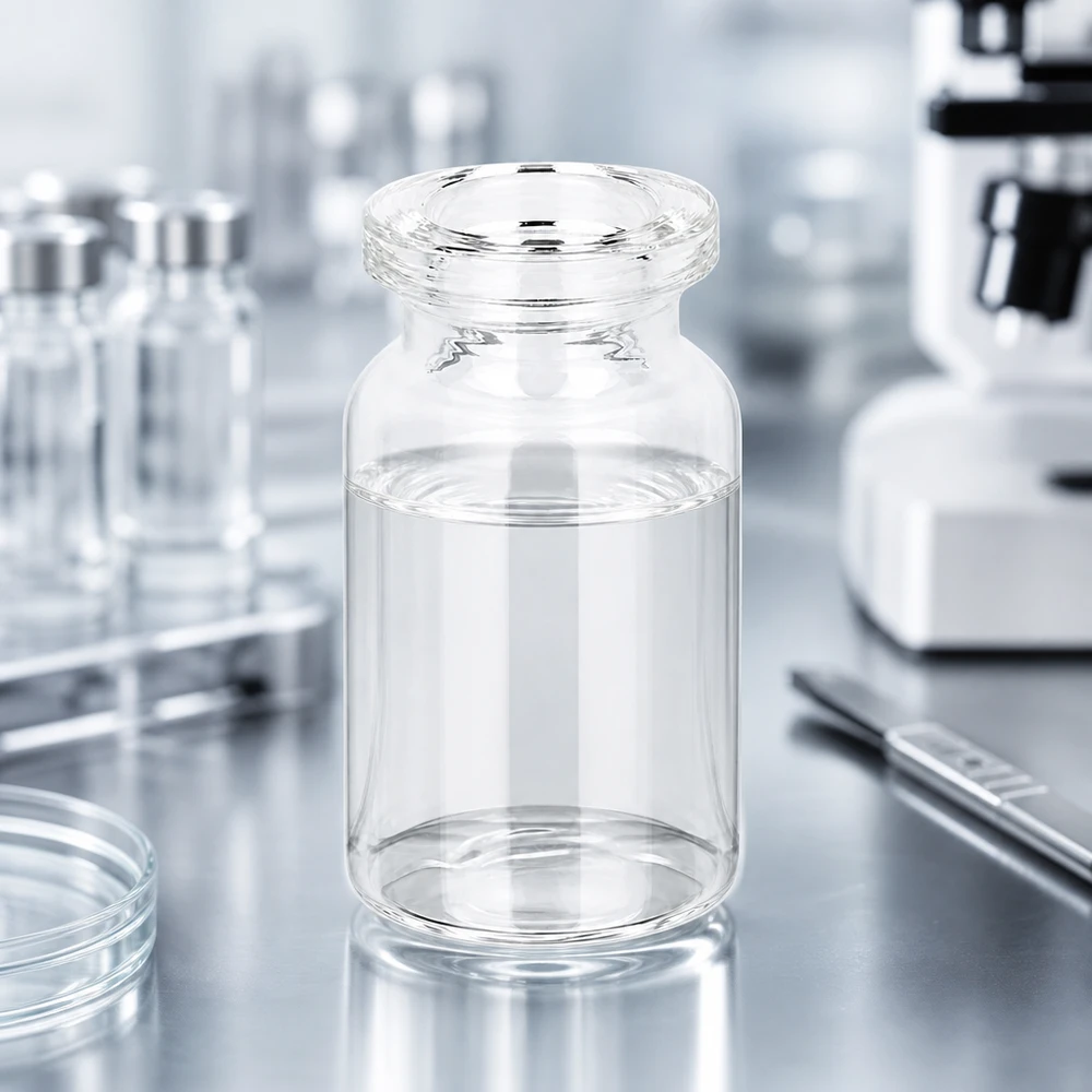 Injektionsflaska klarglas 5ml Hochwertige Klarglas Viale 5ml für Injektionslösungen vor medizinischem Laborhintergrund mit Mikroskop