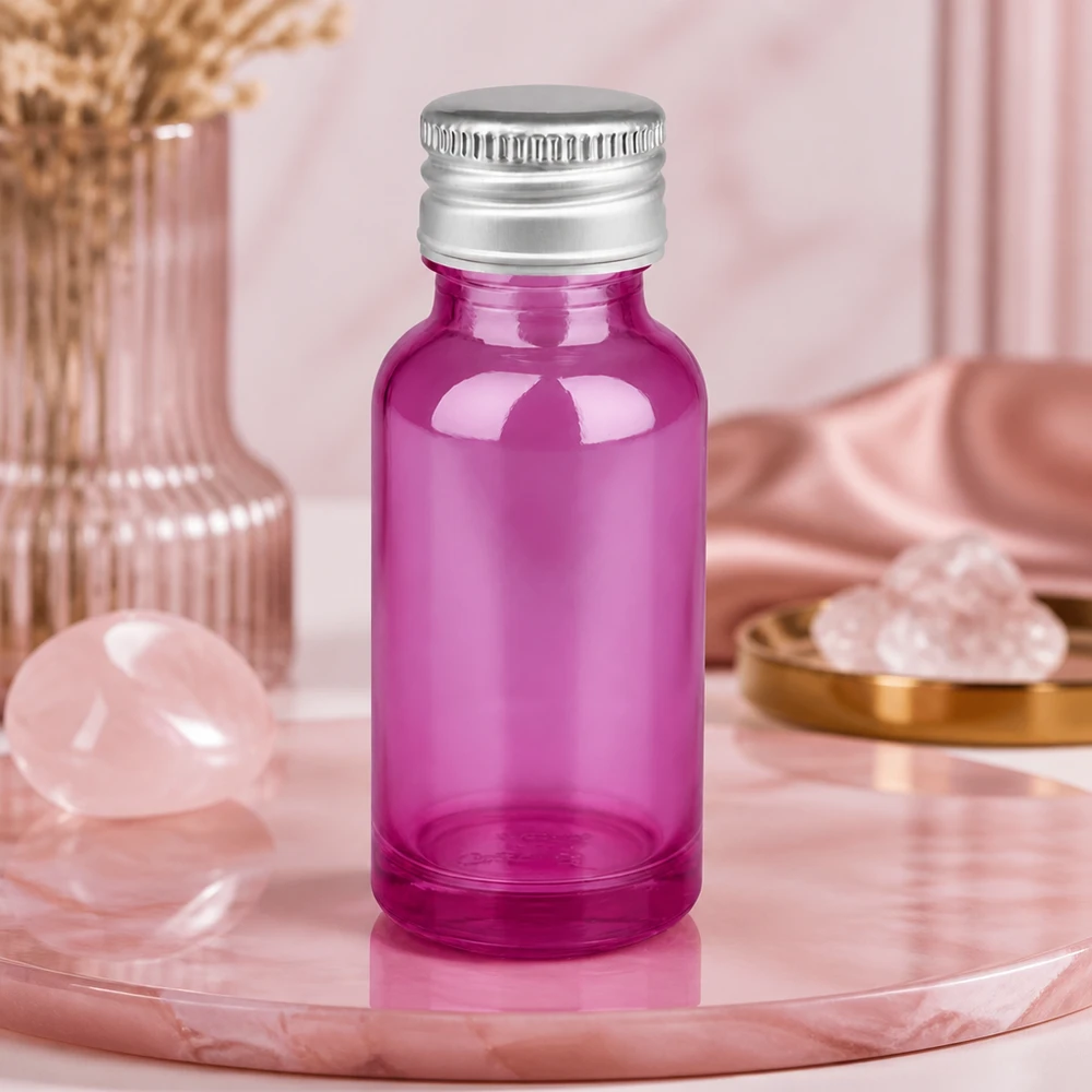 Högkvalitativ 20 ml violett glasflaska med UV-skydd och silverfärgat aluminiumlock STD