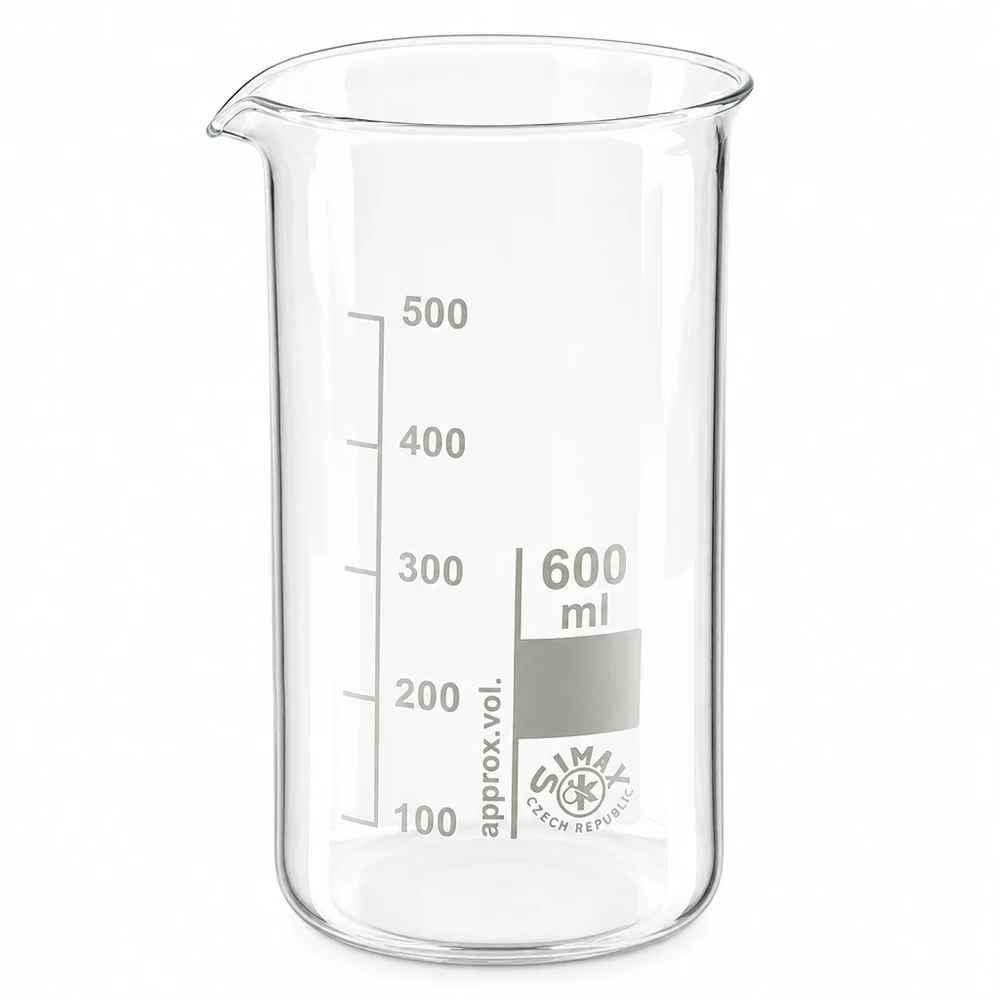 Bägare, 600 ml, hög modell av borosilikatglas med milliliterskala från 100 till 500 ml