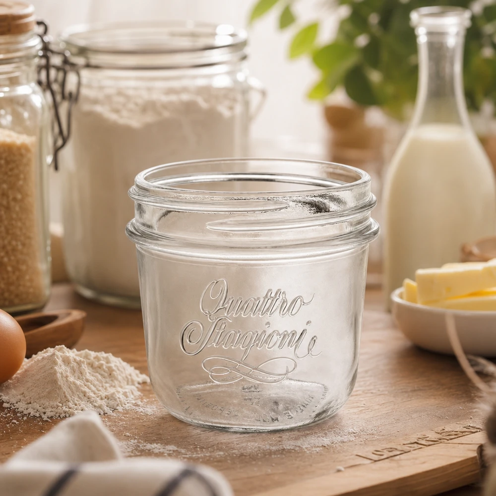 200ml Quattro Stagioni glasburk på träbord med bakingredienser mjöl ägg och mjölkflaska i kök