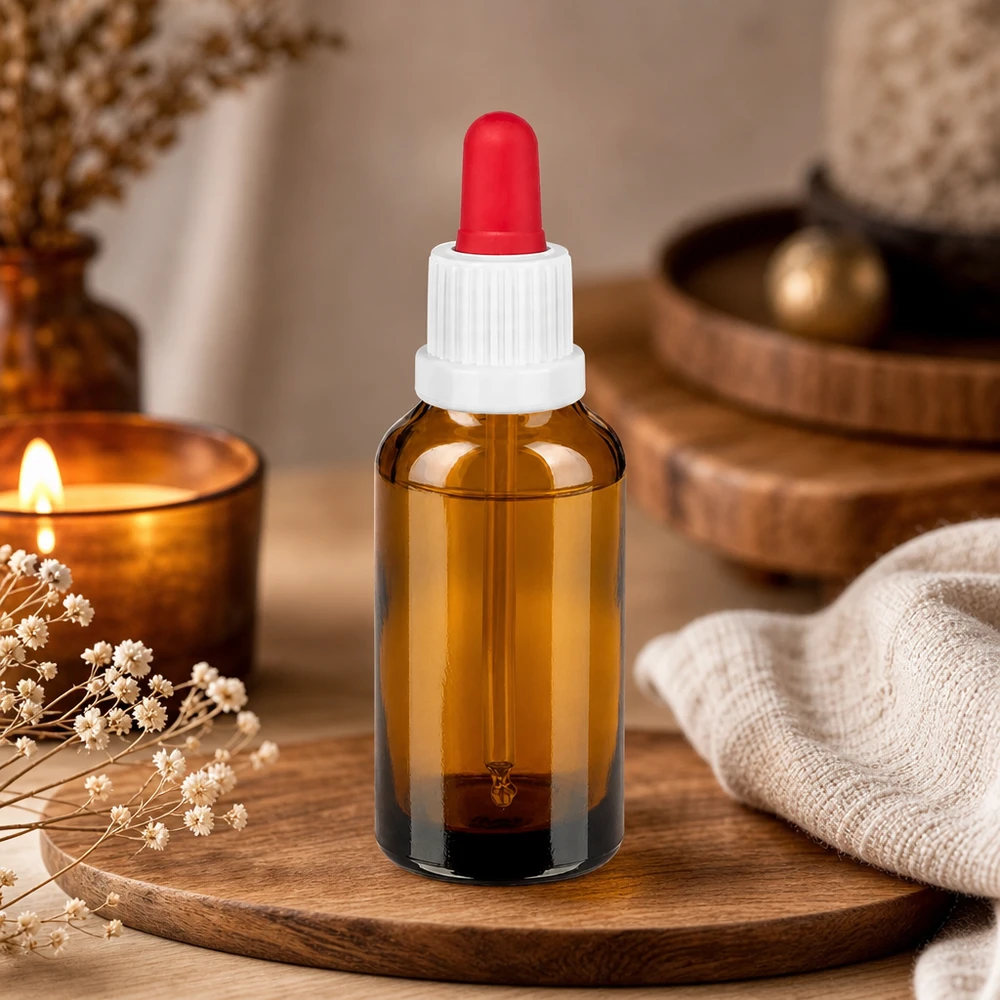 30 ml pipettflaska vit/röd med säkerhetsförslutning BrownLine UT18/30 UV-skyddande vial i bärnstensfärgat glas 30 ml med exakt doseringspipett för kosmetika och naturläkemedel