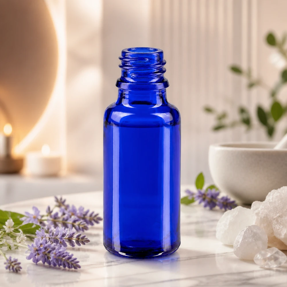 Praktisk 20 ml ApoGlas-flaska i elegant blå färg för naturkosmetik och naturläkare