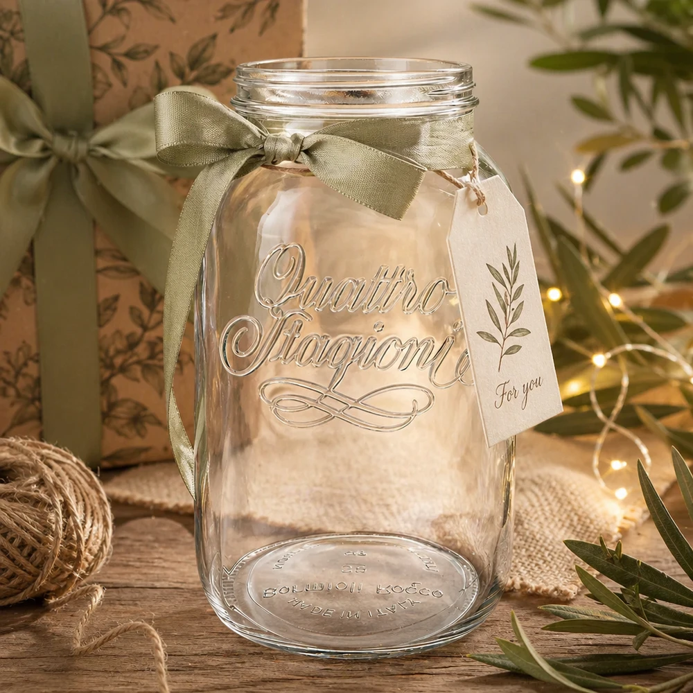 3800ml runt glas "Quattro Stagioni" QS110mm 3800 ml Quattro Stagioni hushållsglas dekorerat med en grön rosett och presentlapp på ett rustikt träbord
