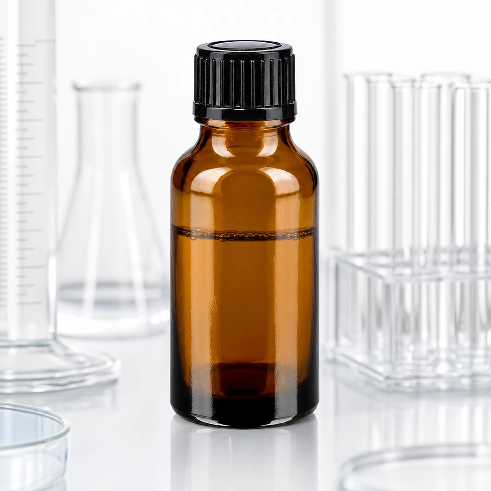 20 ml apotekarflaska av brunt glas med svart lock i laboratoriemiljö