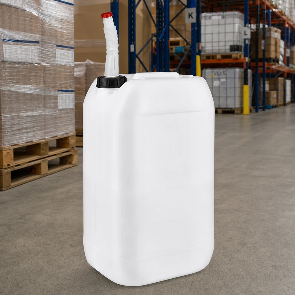 Dunk 15 liter med flexutloppsrör Livsmedelsgodkänd plastdunk på 15 liter med flexibel hällpip i lagret