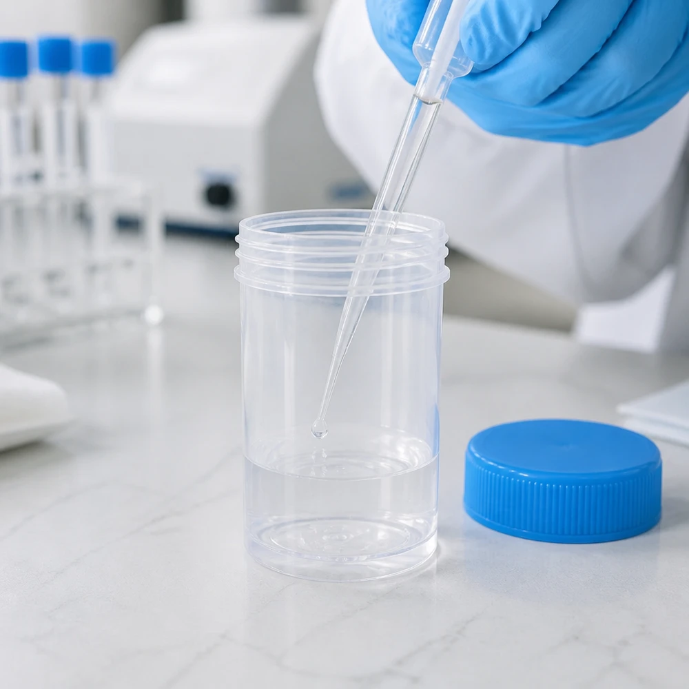 Laboratorieteknikern pipetterar provet i en universell plastburk på 35 ml med blått lock