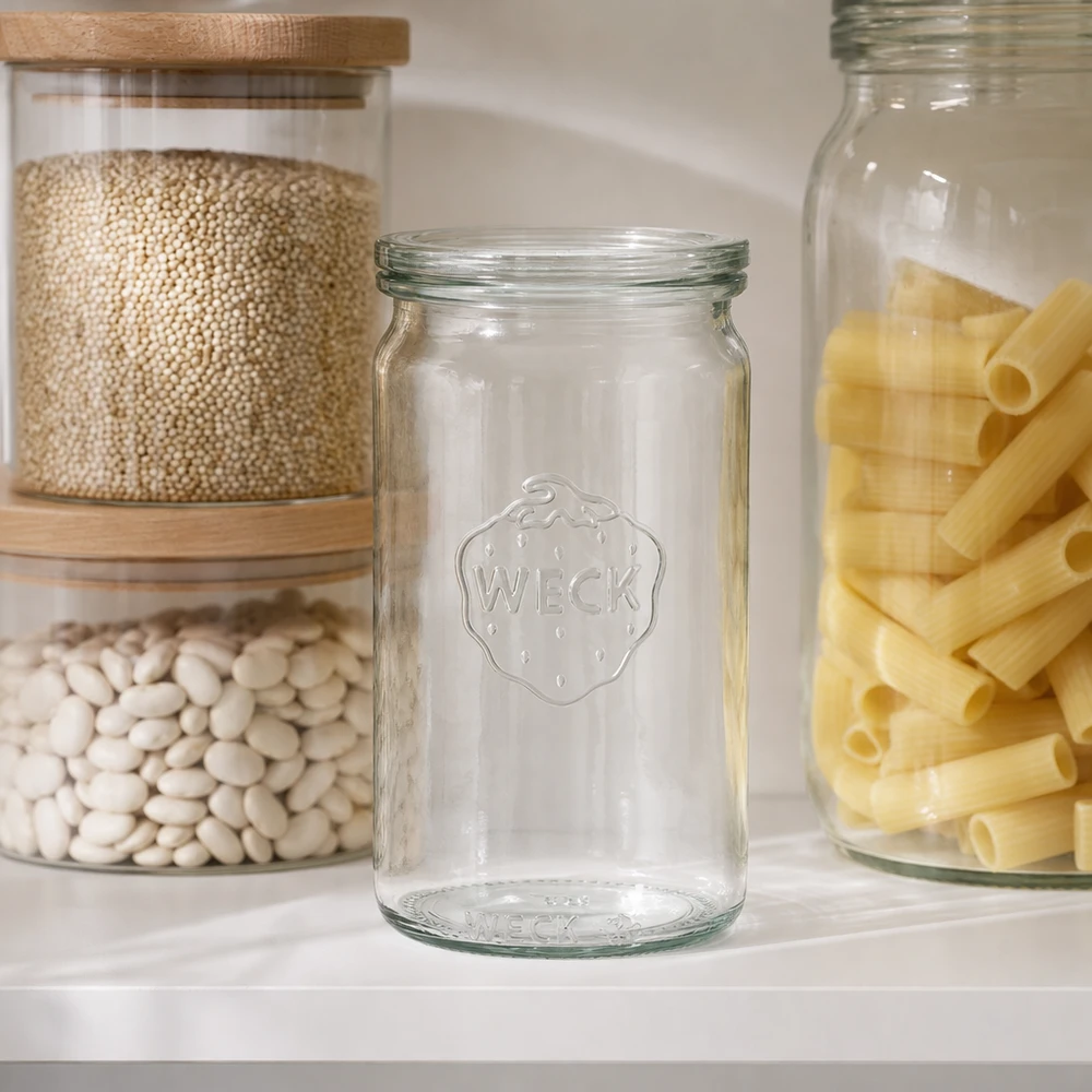 340ml cylinderburk med glaslock WECK RR60 WECK 340ml Zylinderglas RR60 leer in moderner Pantry zwischen Vorratsgläsern mit Hülsenfrüchten und Nudeln Küchenausstat