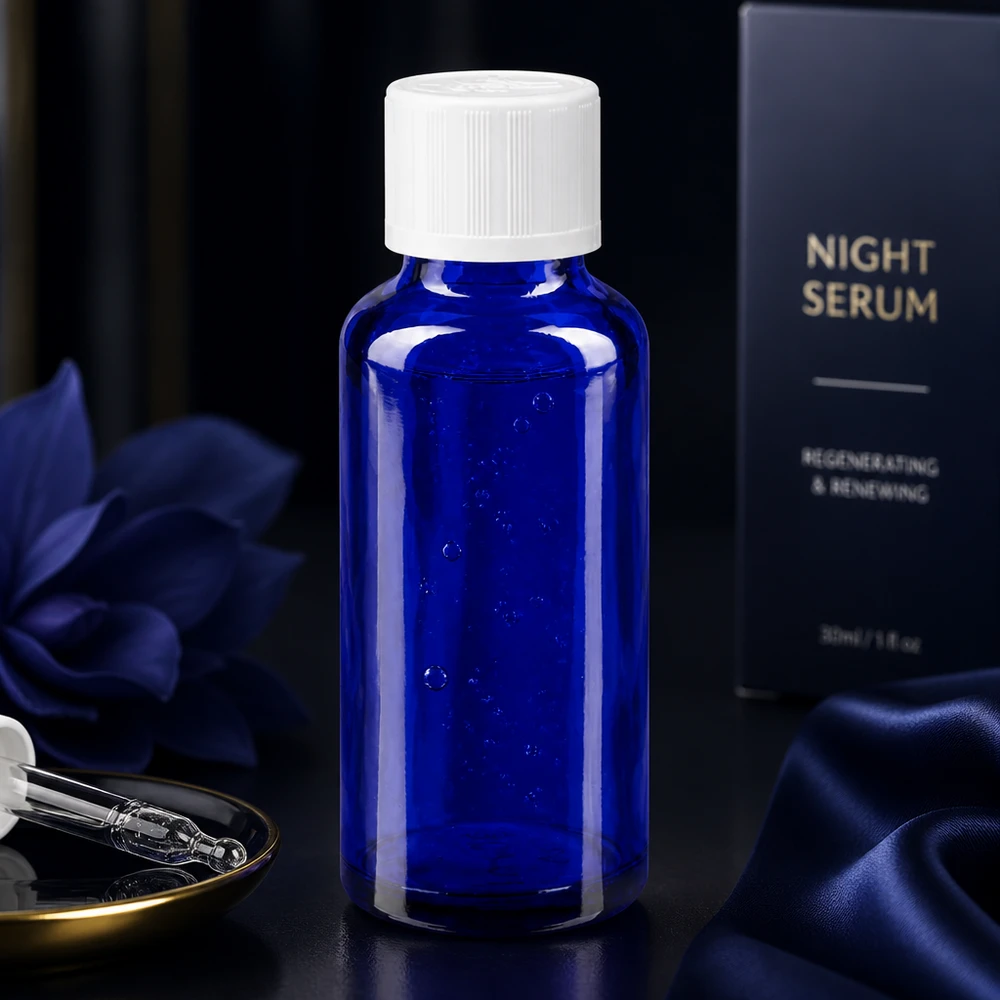 Apoteksflaska blå 30ml droppflaska vit barnskyddande standard Elegant 30 ml-flaska i koboltglas för nattserum med vit KiSi-kork på mörk bakgrund