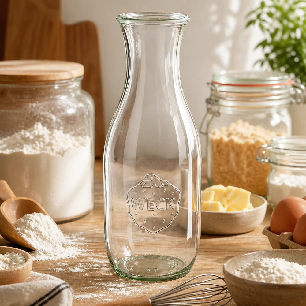 1062 ml juiceflaska WECK RR60 WECK juiceflaska 1062ml RR60 i bakningsköket med mjöl ägg smör och bakingredienser som en mångsidig köksbehållare