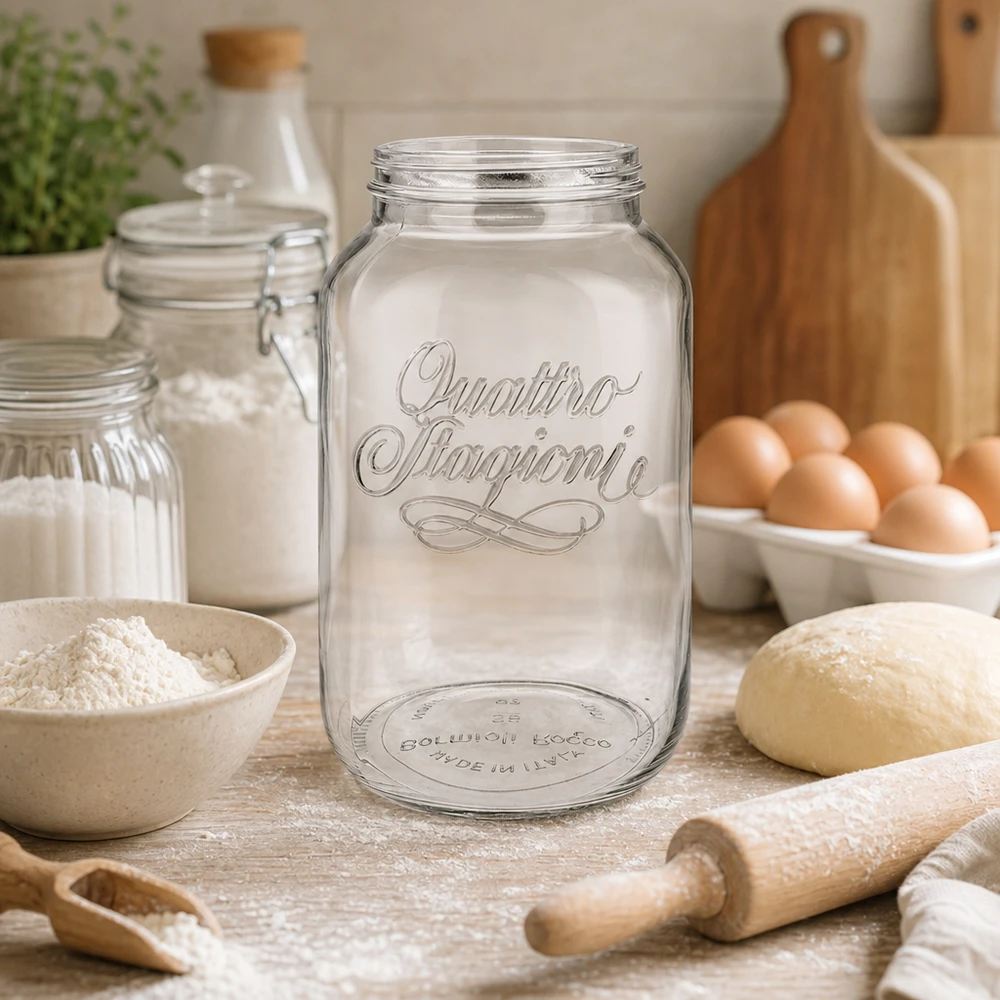 3800ml runt glas "Quattro Stagioni" QS110mm 3800ml Quattro Stagioni Haushaltsglas in rustikaler Küche mit Backzutaten, perfekt für Vorratshaltung und Dekoration