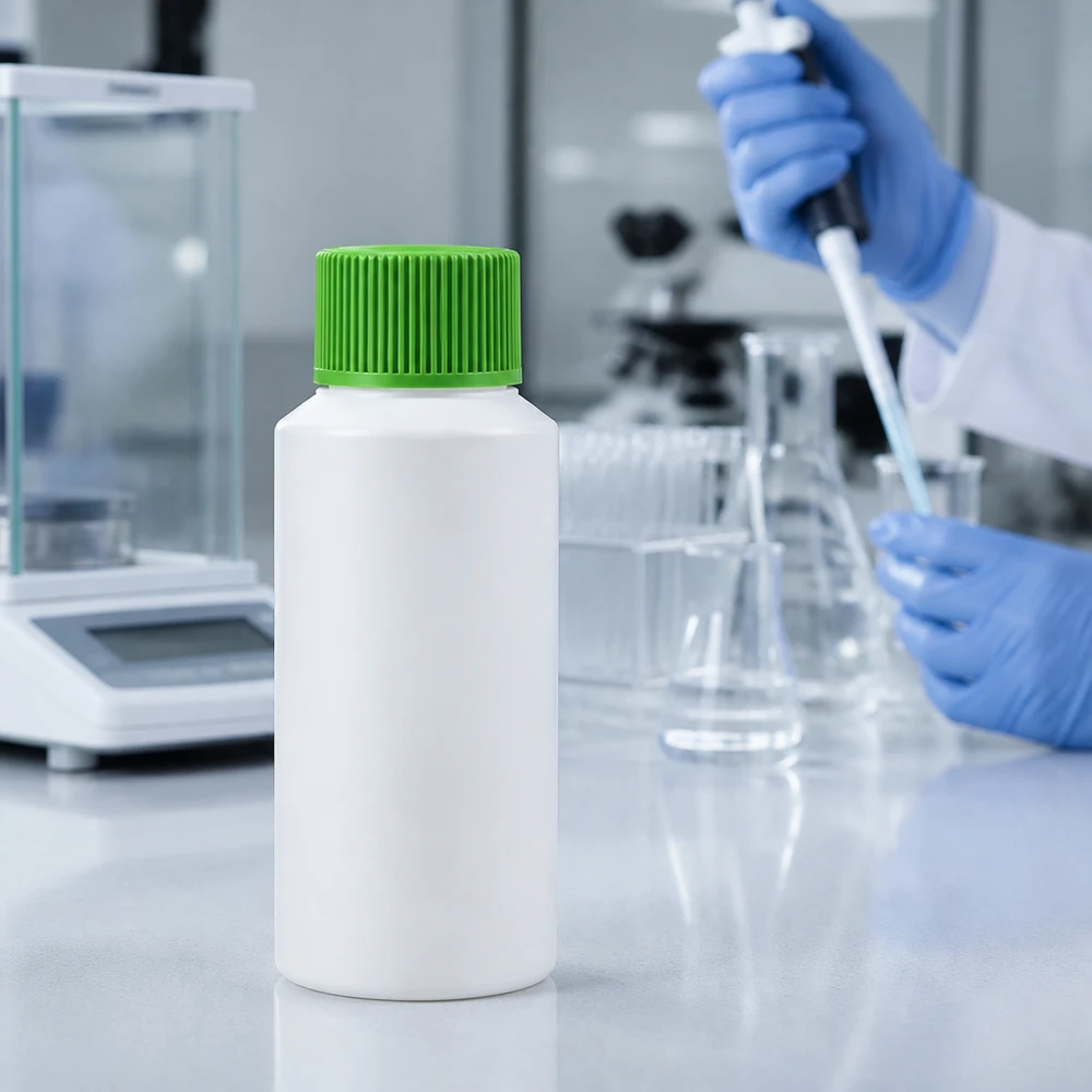 Apoteksflaska HDPE 30ml vit, med grönt skruvlock Kompakt 30 ml vit HDPE-flaska med grönt säkerhetslock bredvid analysvågen i laboratoriet