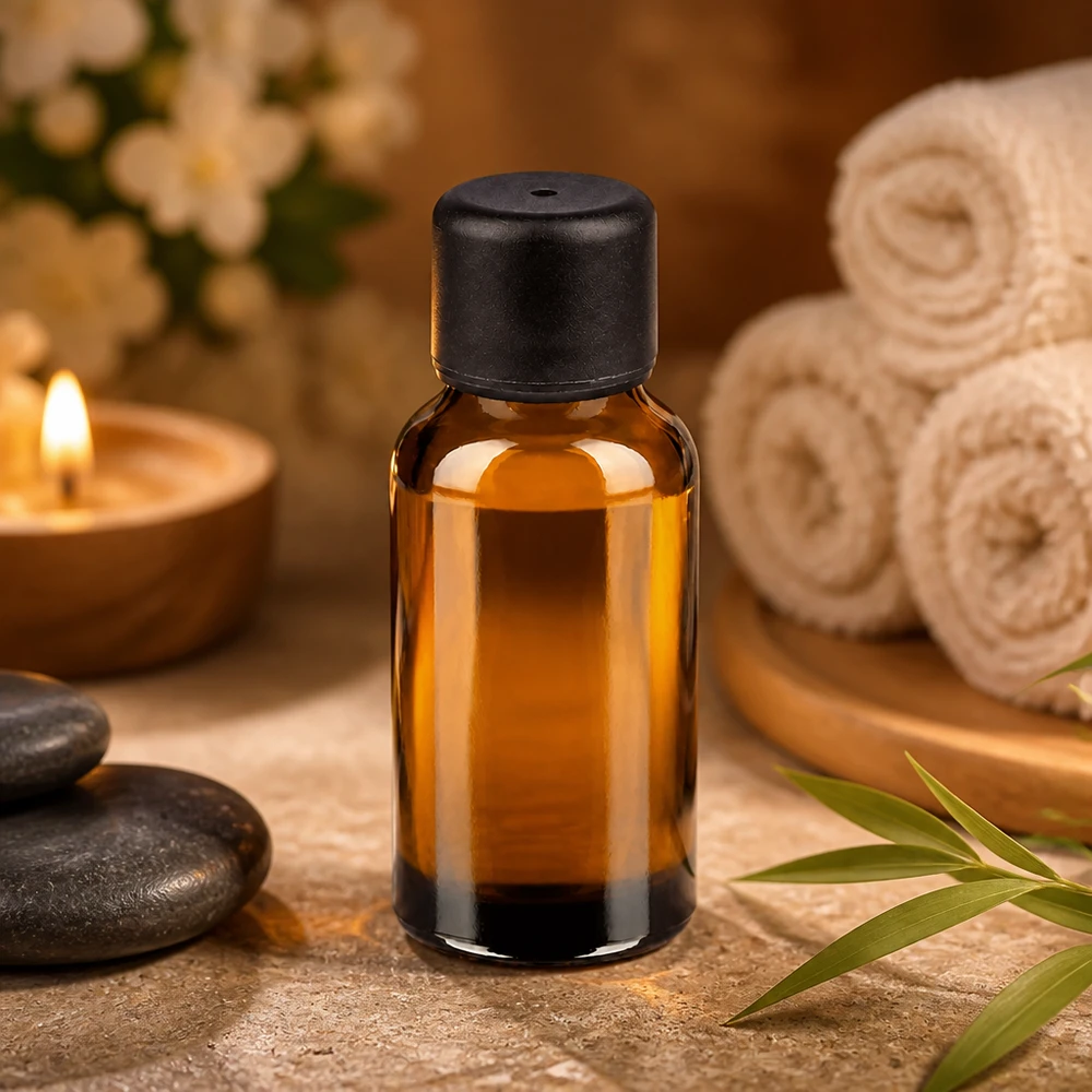 Kompakt 20 ml flaska av UV-skyddande bärnstensfärgat glas med svart lock för wellness