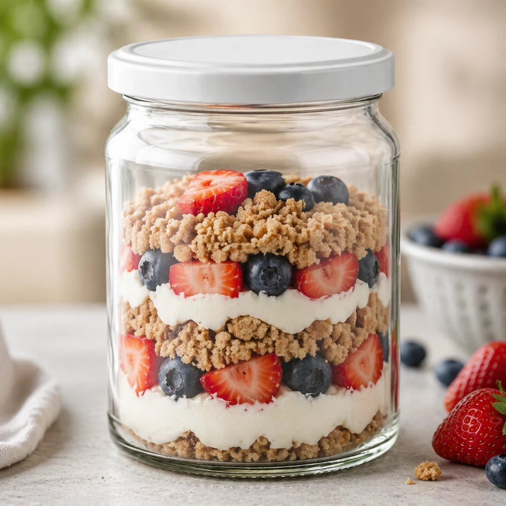 Rund burk 205 ml med lock BasicSeal vit UNiTWIST 205 ml runt glas UNiTWIST som dessertglas för skiktade desserter med bär och yoghurt - mångsidigt glas