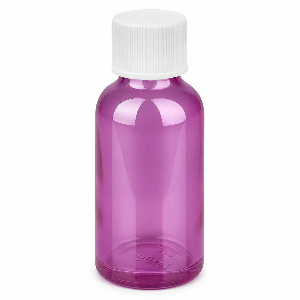 30ml flaska 11mm skruvkork vit standard PurpleLine UT18/30 30 ml glasflaska i violett med vitt skruvlock för kosmetika och läkemedel
