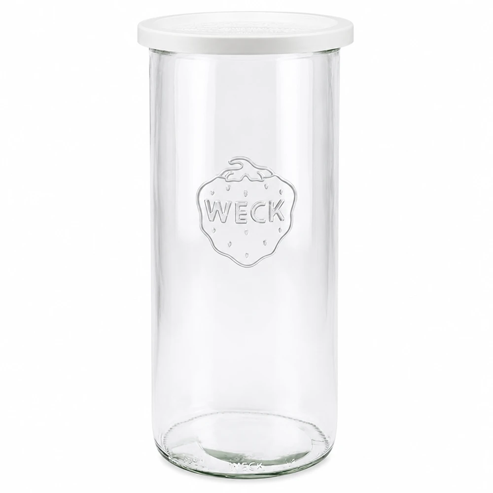 1500ml Krossade glasögon med lock WECK RR100 WECK förvaringsburk 1500 ml med vitt lock RR100 av klarglas med WECK-logotyp för förvaring