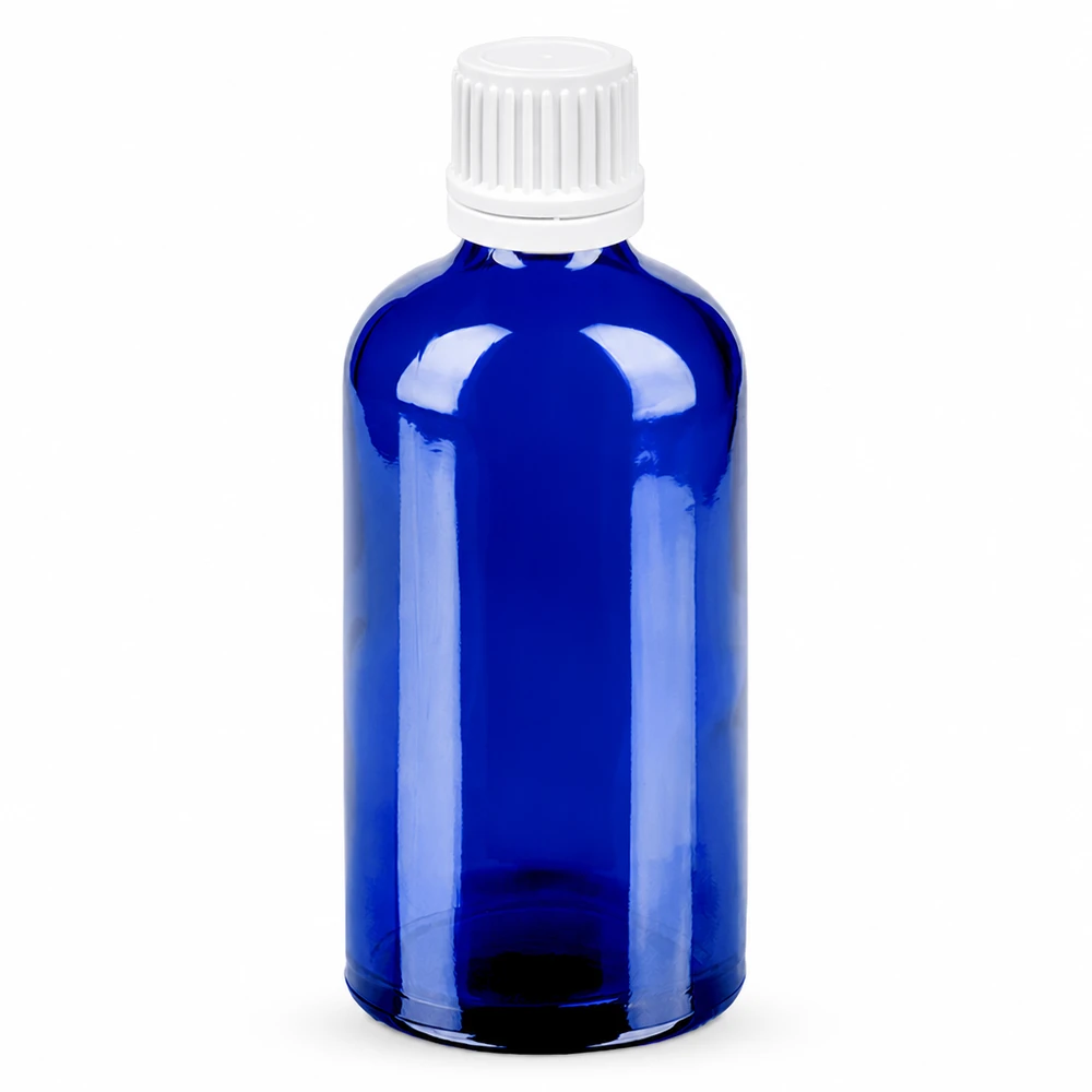 100ml blå glasflaska med vit skruvkork 11mm SV BlueLine-serien
