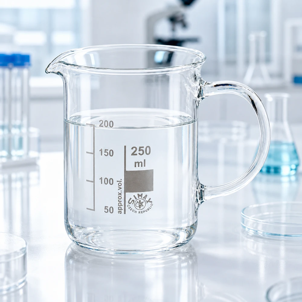 Genomskinligt bägarglas på 250 ml med handtag och milliliterskala i en modern laboratoriemiljö