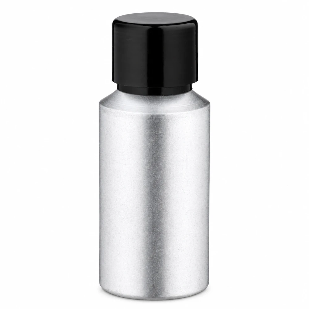 30ml flaska i betad aluminium med skruvkork 30 ml flaska i färgat aluminium med svart skruvlock för kosmetika och eteriska oljor
