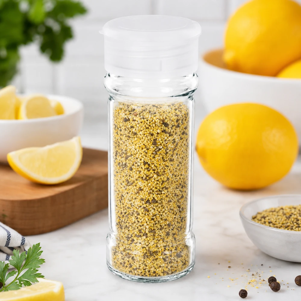 Genomskinligt saltglas, 100 ml, med vitt plastlock och kryddblandningen citronpeppar