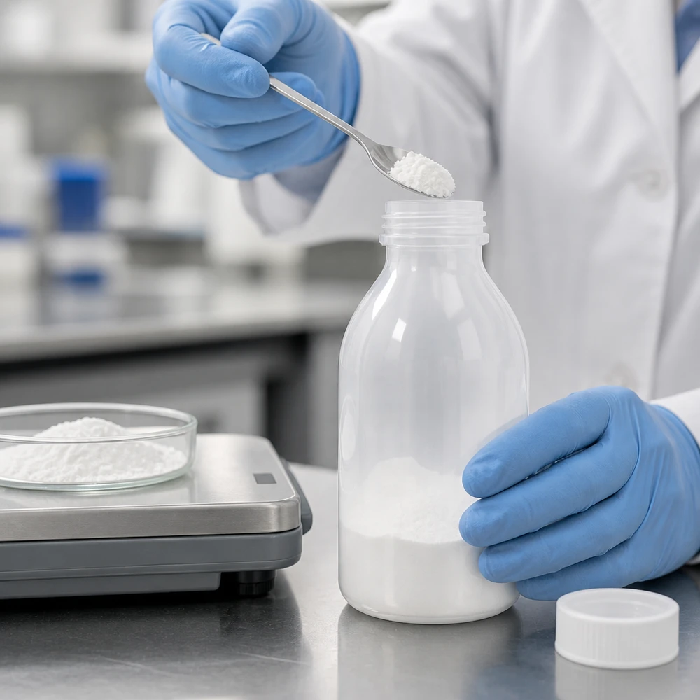 Vit laboratorieflaska av plast med smal hals, 250 ml, med skruvlock för kemiska ämnen