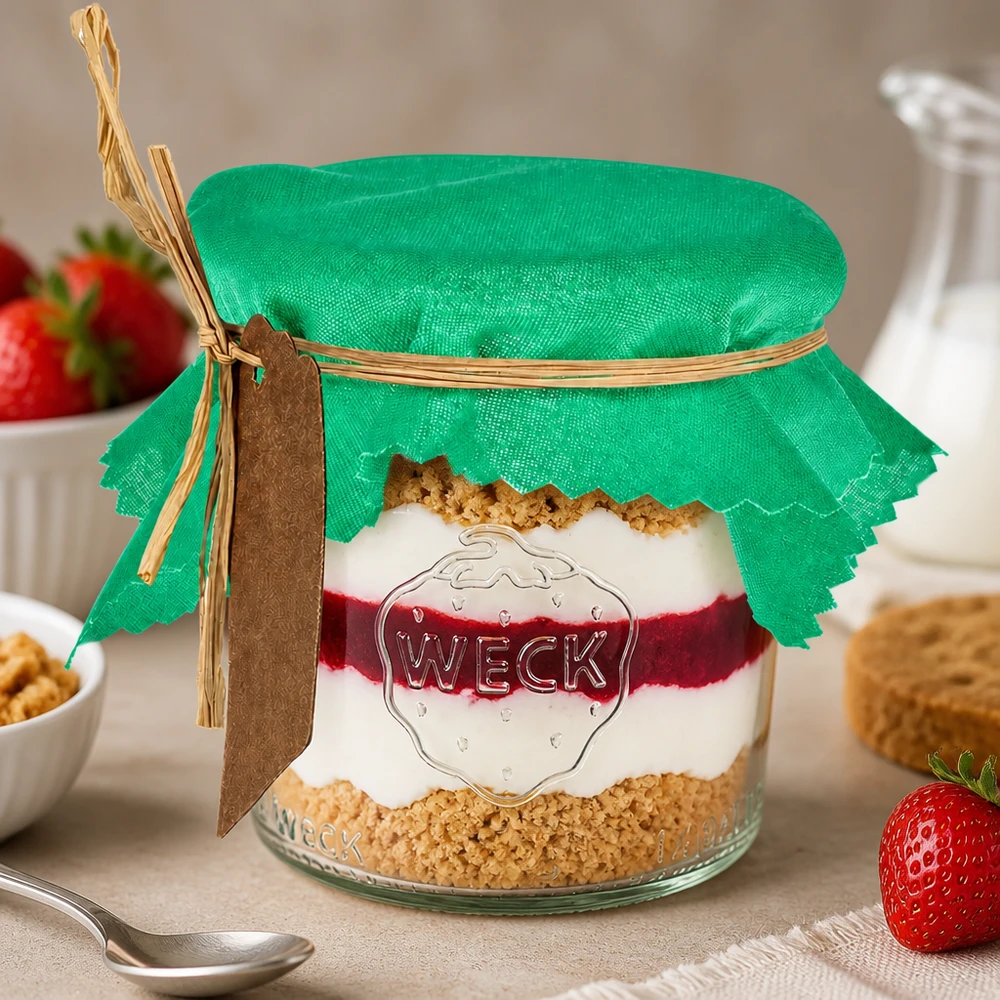 Smyckesunderlägg i tyg grön 12cm kvadrat Grön tygdocka 12 cm i kvadrat på dessertglas med upplagd dessert och färska jordgubbar som bordsdekoration