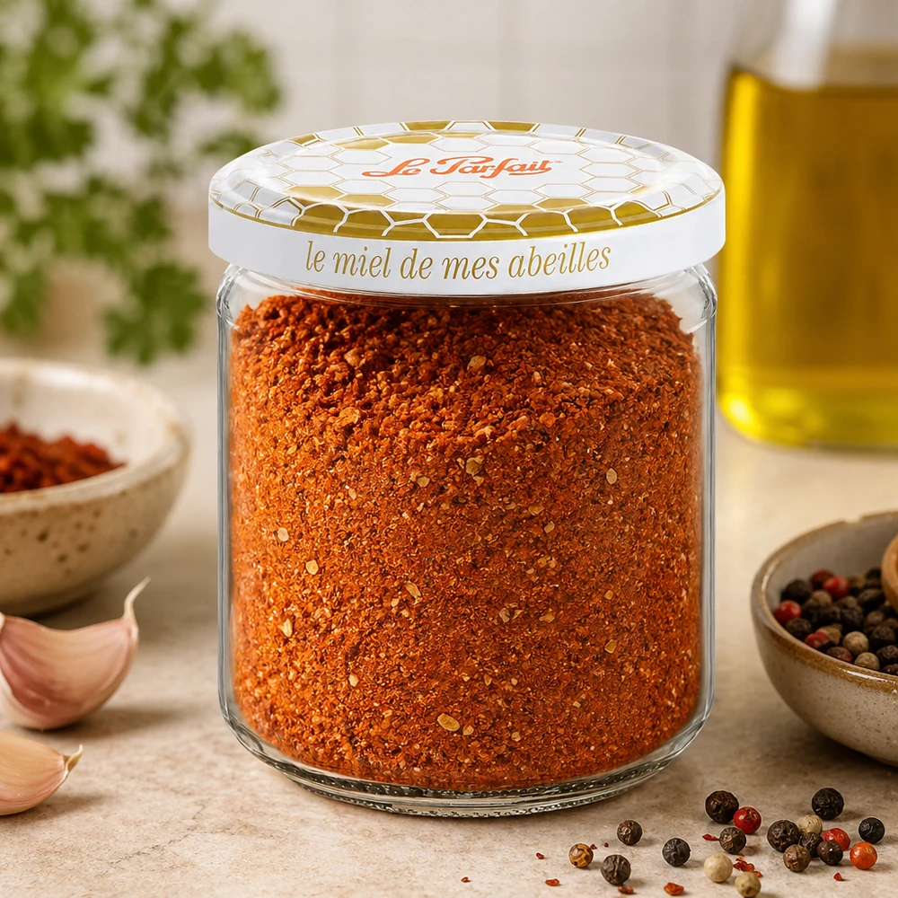 Le Parfait® honungsburk 212 ml Ø63 mm Le Parfait Honey förvaringsburk 212ml fylld med kryddblandning tillsammans med vitlökspepparkorn och olivolja