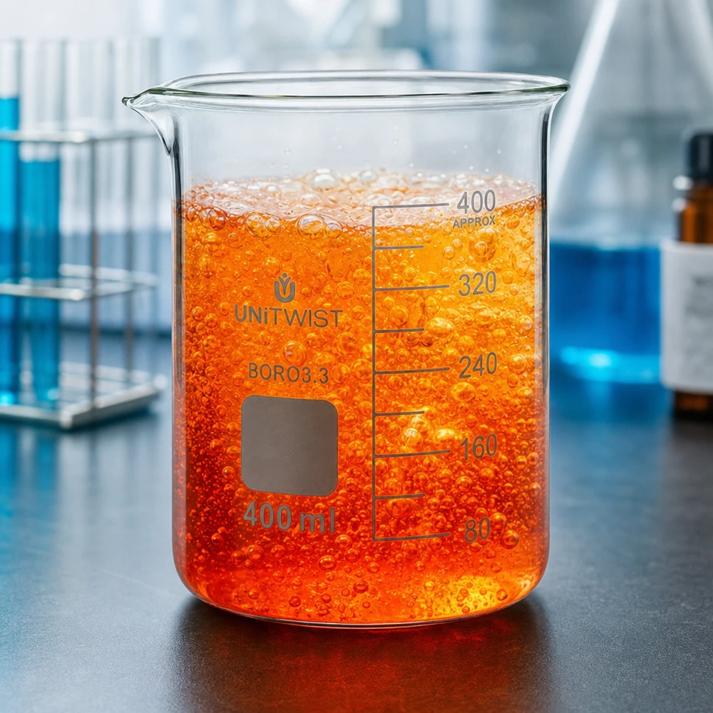 Bägare 400ml borosilikat, lågformad UNiTWIST UNiTWIST-bägare, 400 ml, med sprudlande orangefärgad vätska och synliga bubblor i laboratoriet