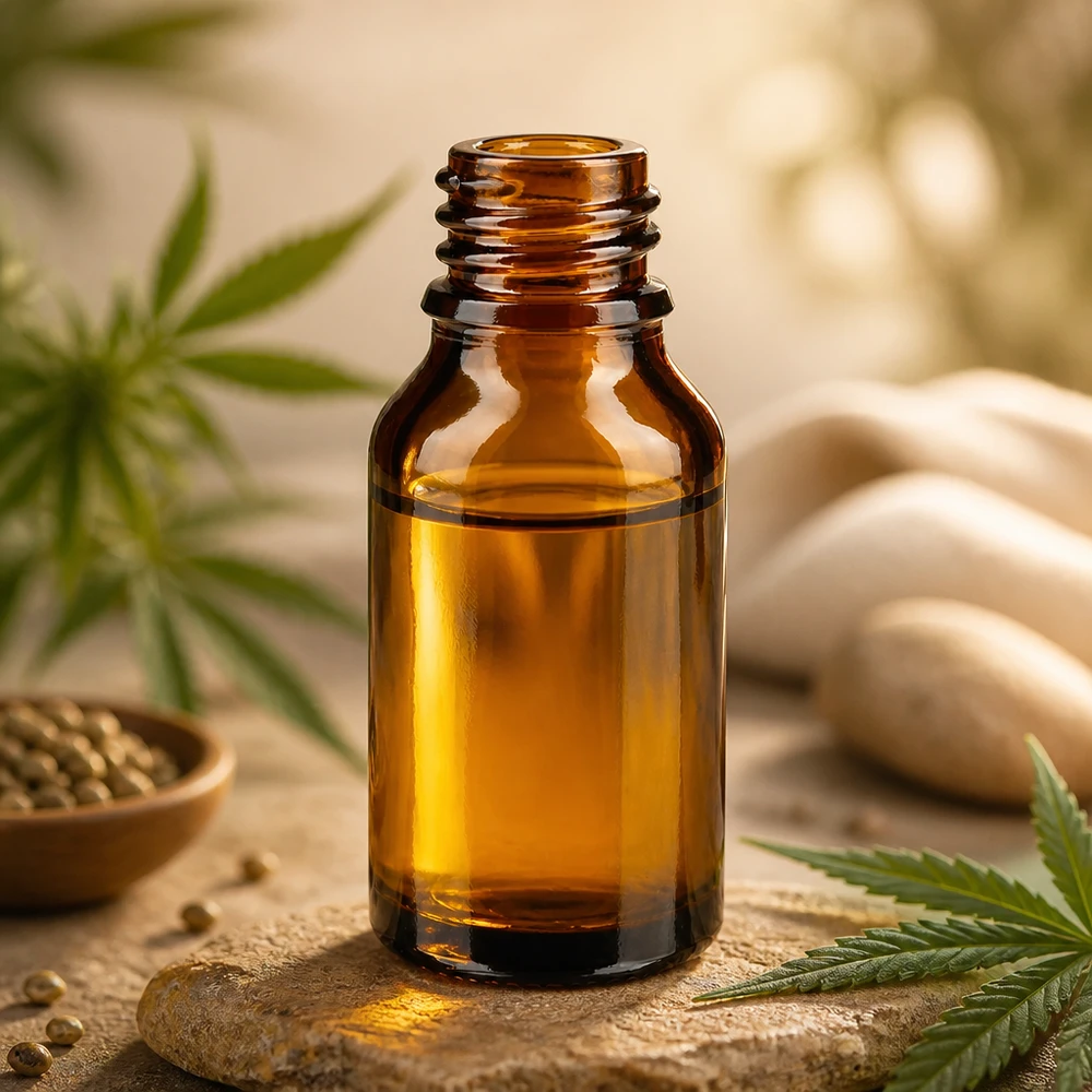 15 ml brun ApoGlas-flaska med cannabisblad hampafrön och spa-stenar för naturliga hälsoprodukter