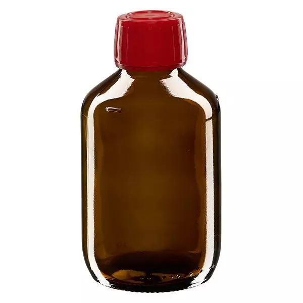 200 ml medicinflaska brun, rött lock med säkerhetsring ApoGlas 200 ml medicinflaska brun, rött lock med säkerhetsring ApoGlas