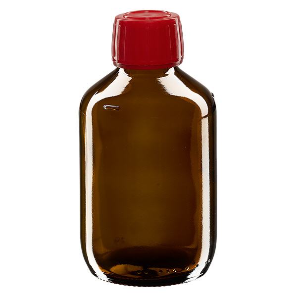 200 ml medicinflaska brun, rött lock med säkerhetsring ApoGlas 200 ml medicinflaska brun, rött lock med säkerhetsring ApoGlas