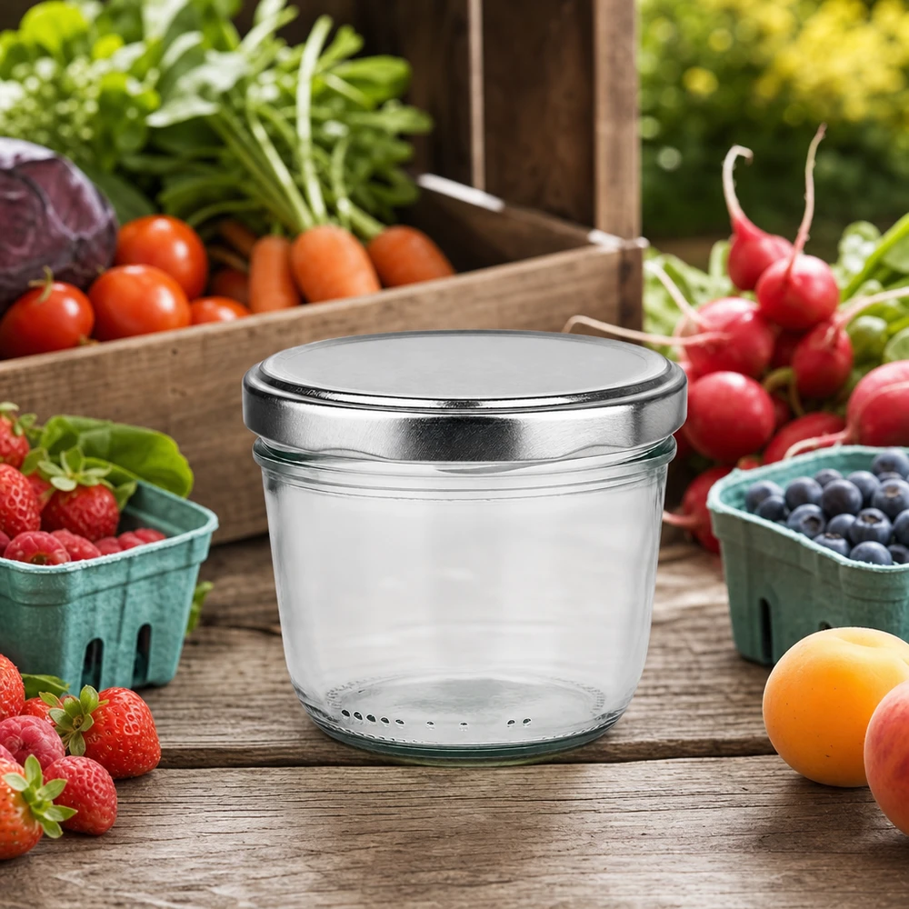 230 ml muggar silver BasicSeal lock mellan färsk frukt grönsaker på träbord utomhus kök scen naturlig