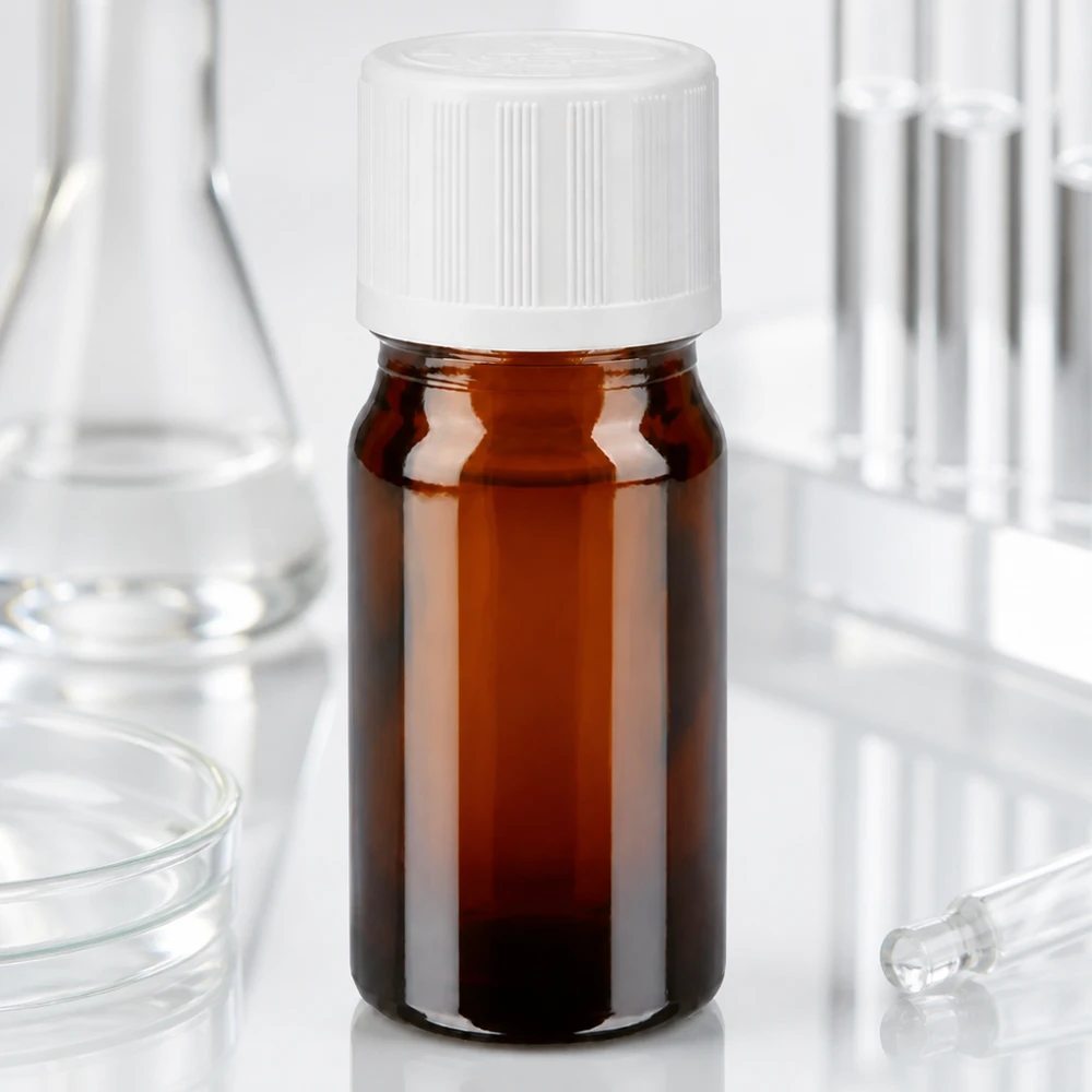 Apoteksflaska brun 5ml droppflaska vit barnsäker standard 5 ml brun glasflaska med vitt barnsäkert lock i laboratoriet mellan glaskolvar och provrör