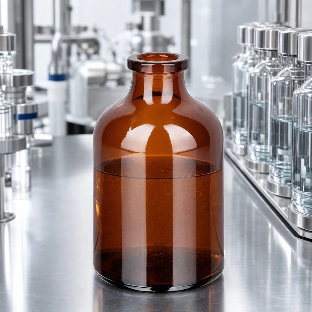 Injektionsflaska av bärnstensfärgat glas 50ml Injektionsflasche Braunglas 50ml mit bernsteinfarbenem Glaskörper in pharmazeutischer Produktionsumgebung