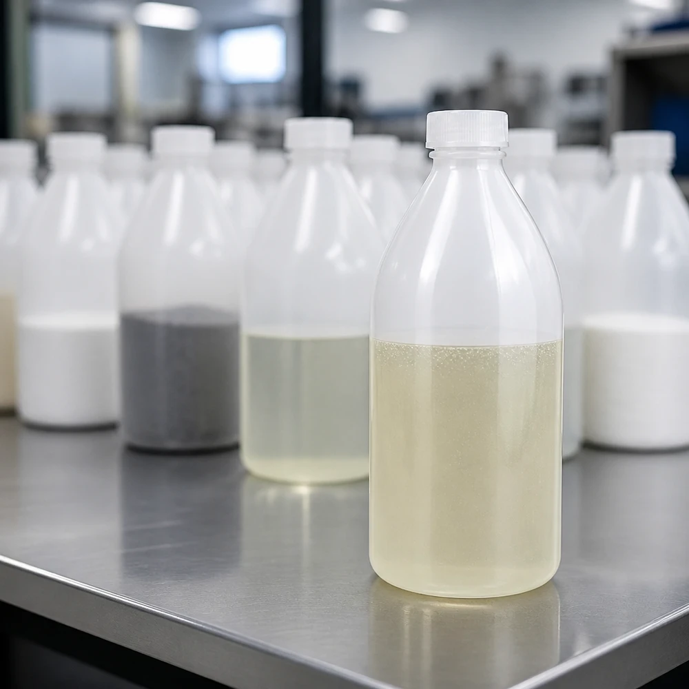 500ml skruvflaska, laboratorieflaska med smal hals Transparente 500ml Enghals Schraubflasche mit cremefarbener Flüssigkeit im Vordergrund
