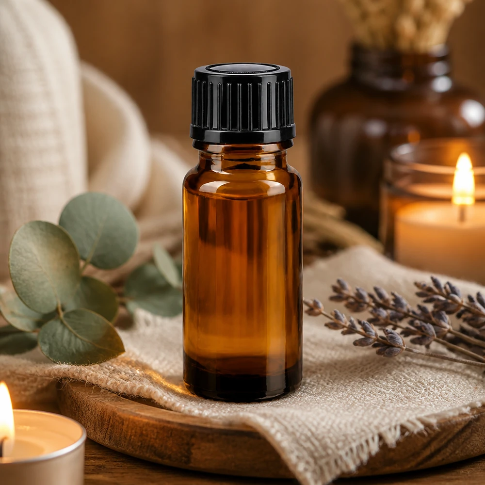Aromaterapi-flaska i brunt glas, 10 ml, med svart droppkork, bredvid ljus och örter