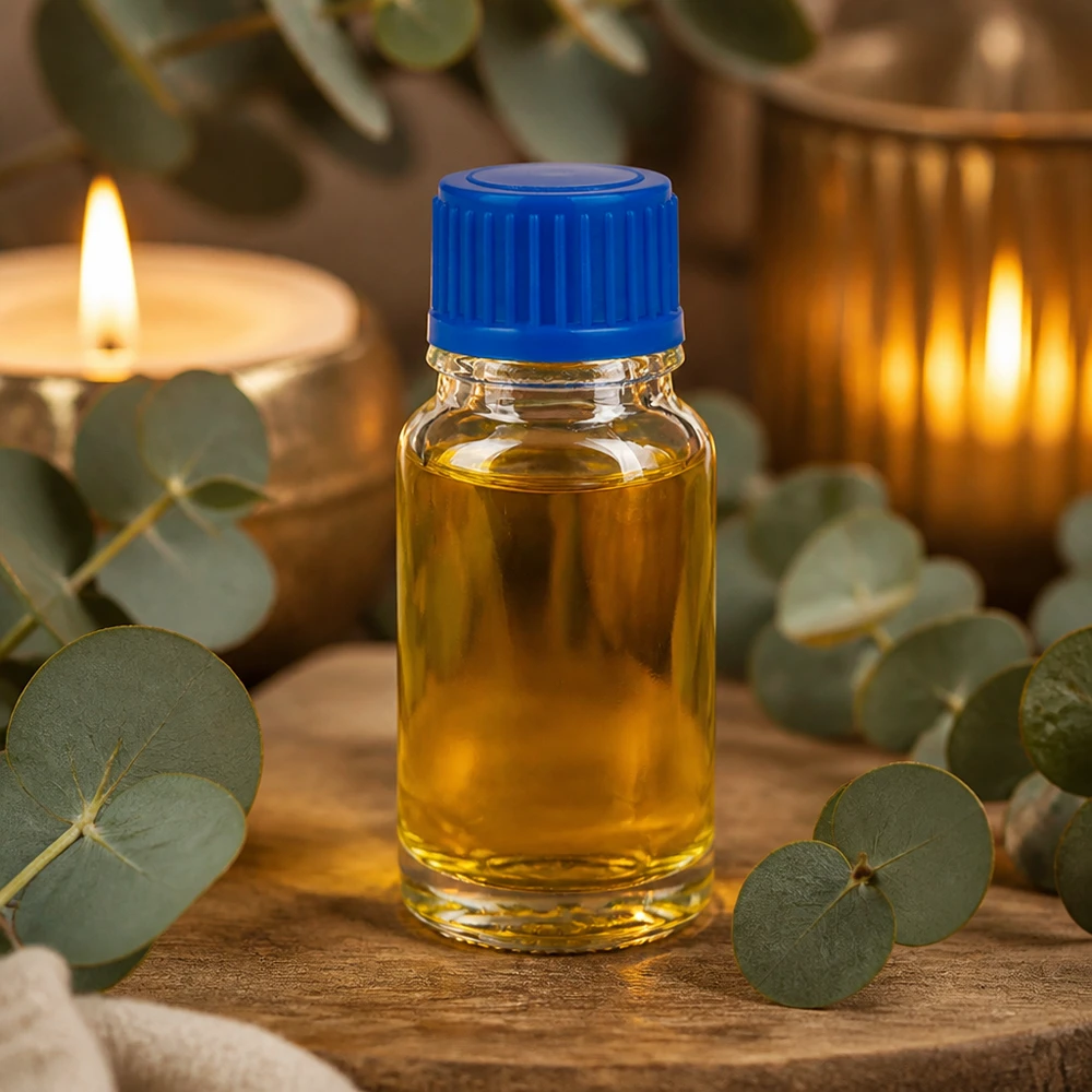 En liten glasflaska på 10 ml med blå kork, omgiven av eukalyptusblad och ljus