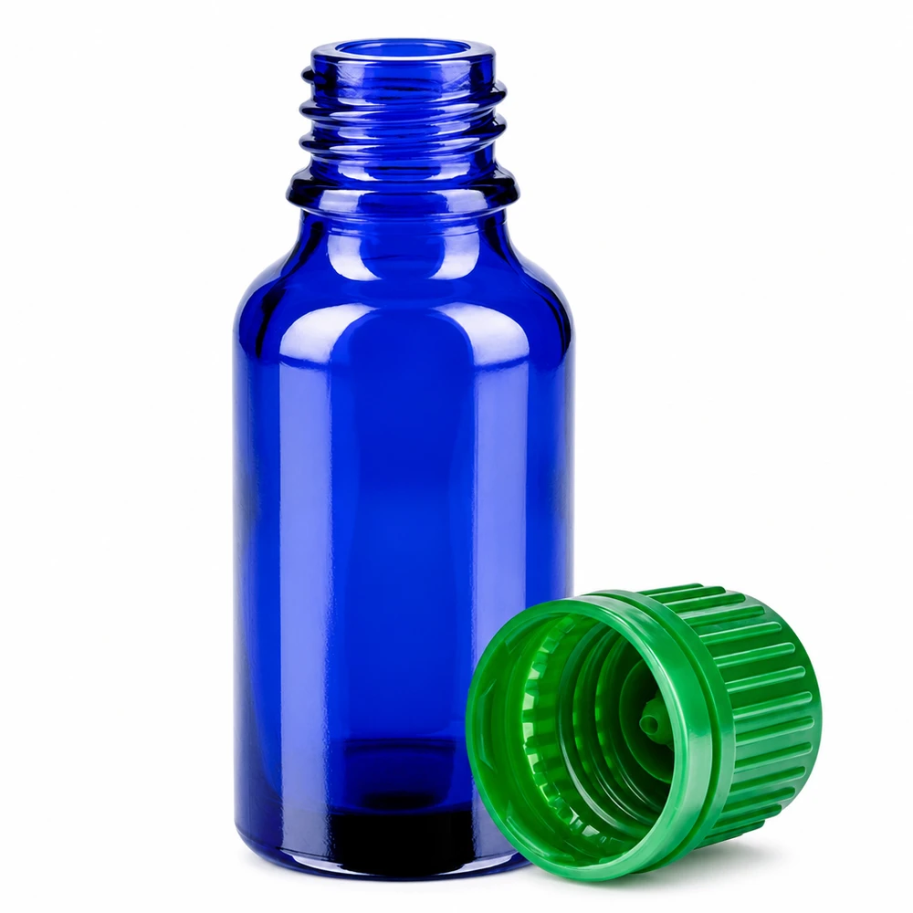 20ml flaska 11mm skruvkork grönt manipuleringssäkert lock BlueLine UT18/20 Liten 20 ml glasflaska i koboltblått med grönt lock för exakt dosering