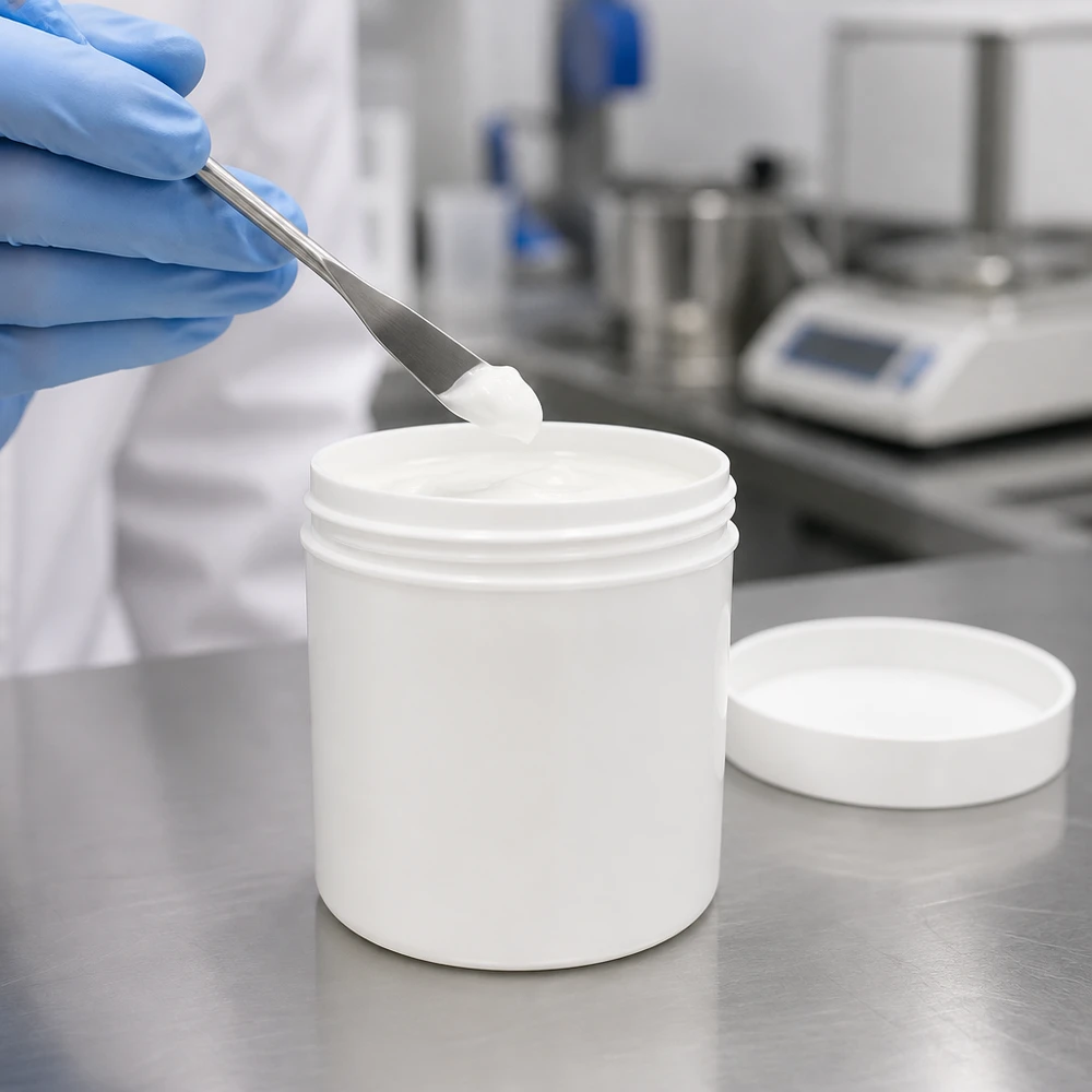 En laboratorietekniker tar ut vit salva ur en 30 g PP-salvburk med en spatel i en professionell miljö