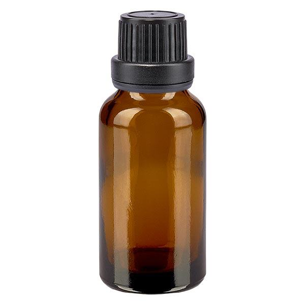 Apoteksflaska brun 20ml skruvkork svart manipulationsskyddad förslutning