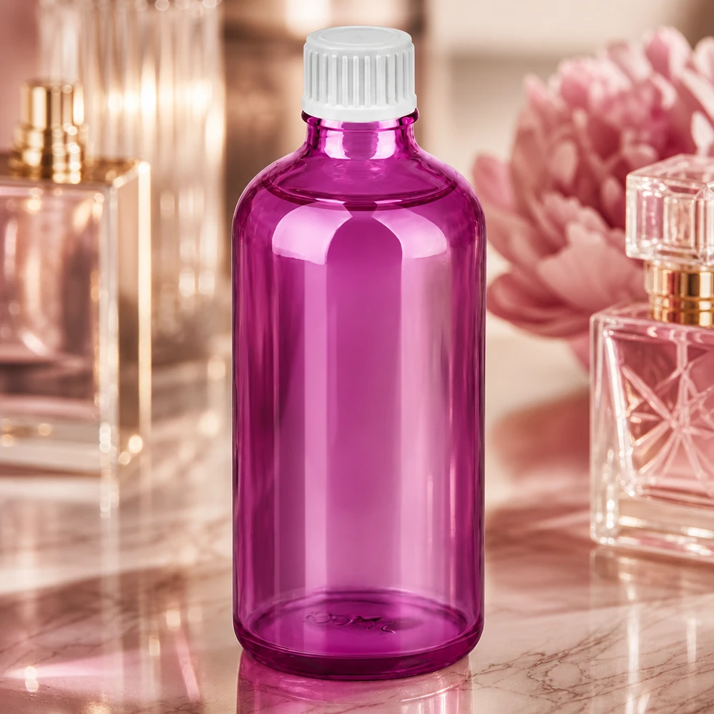 Modern 100 ml droppflaska i elegant lila design med professionellt vitt dropplock