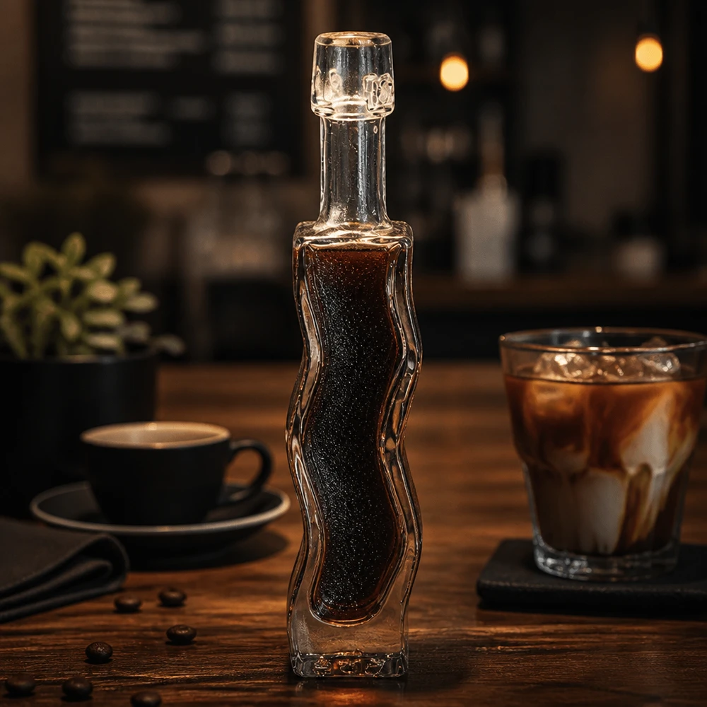 40 ml glasflaska Anna fylld med mörk kaffesirap Cafémiljö Träbord Användningsexempel Baristatillbehör