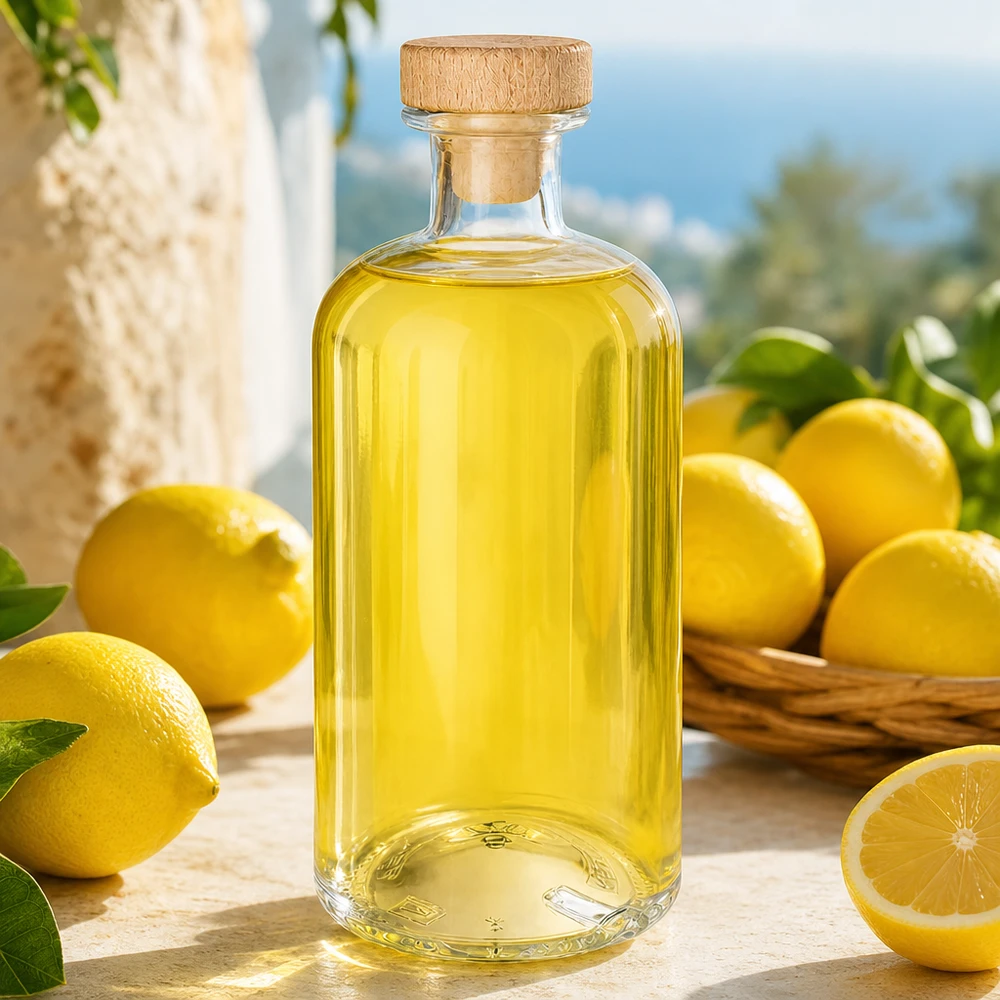 500 ml Apoteksflaska Flora med kork med trähandtag UNiTWIST® Flora 500 ml glasflaska med träkork fylld med gul vätska mellan färska citroner på träbord