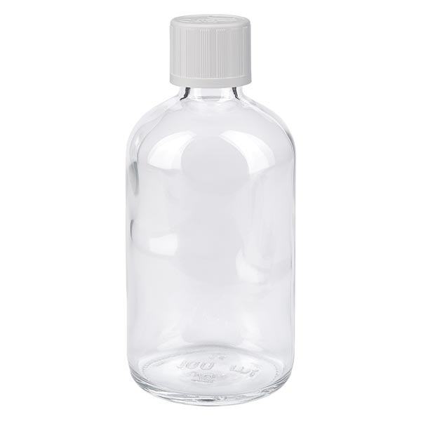 Apoteksflaska klar 100 ml skruvkork vit barnsäker standard Apoteksflaska klar 100 ml skruvkork vit barnsäker standard