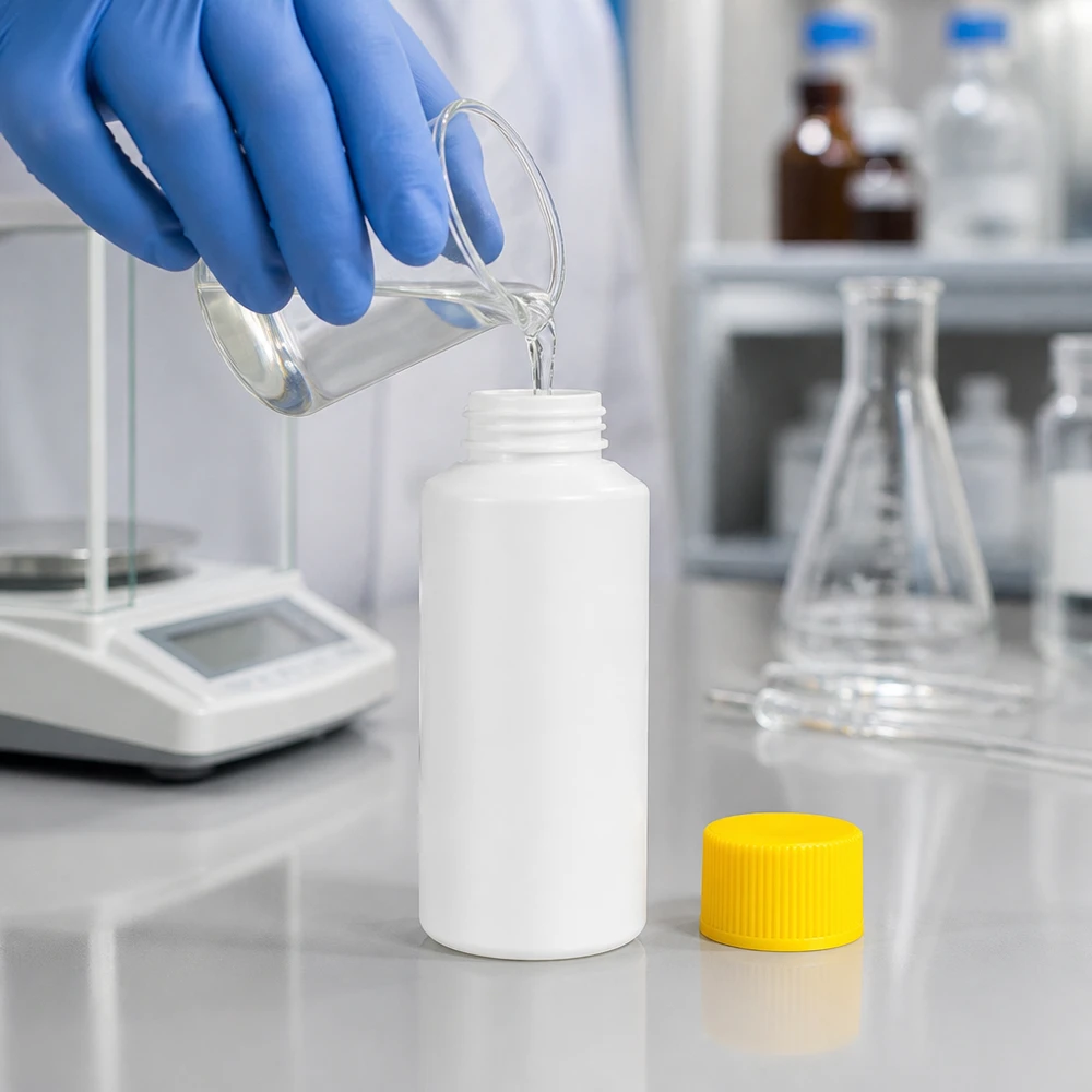 Apoteksflaska HDPE 30ml vit, med gult skruvlock Laboratorieteknikern fyller en vit HDPE-flaska på 30 ml med gult skruvlock med en klar vätska