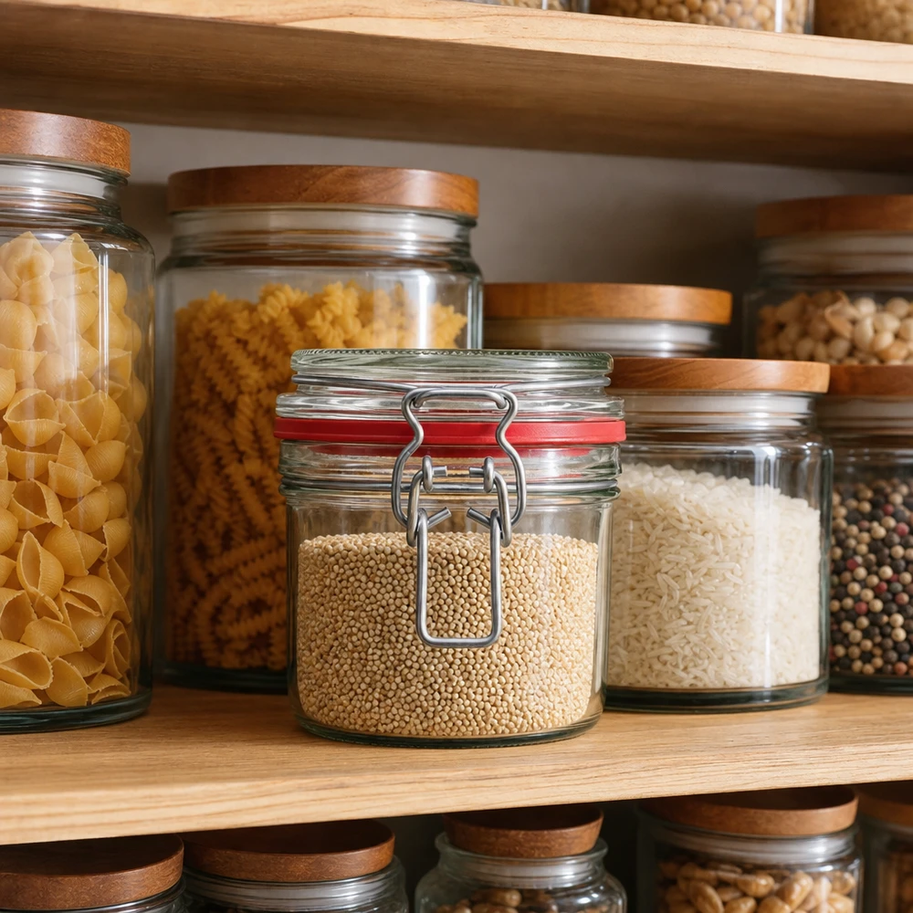 255 ml förvaringsburk av typ G med klämförslutning UN.. Vorratsgläser 255ml in organisierter Küchenpantry mit Nudeln, Reis und Gewürzen - praktische Küchenorganisation