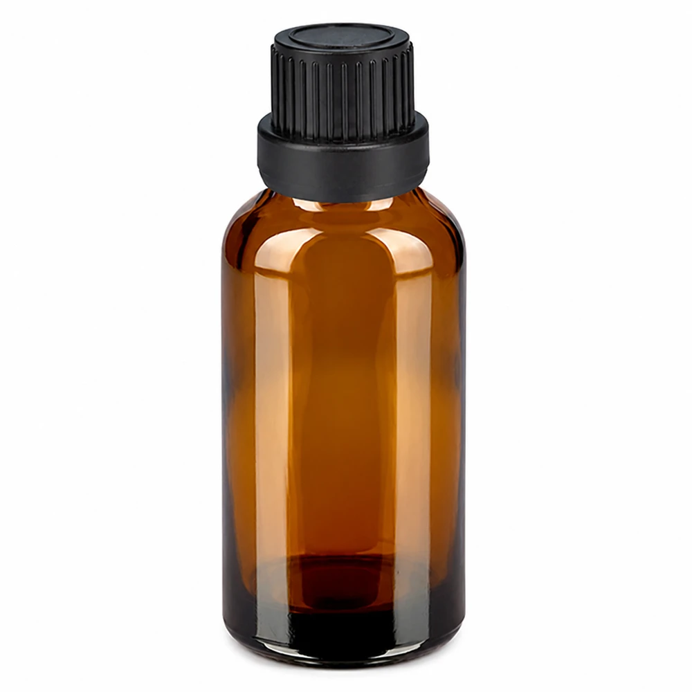30 ml bärnstensfärgad glasflaska med svart skruvlock för eteriska oljor och kosmetika