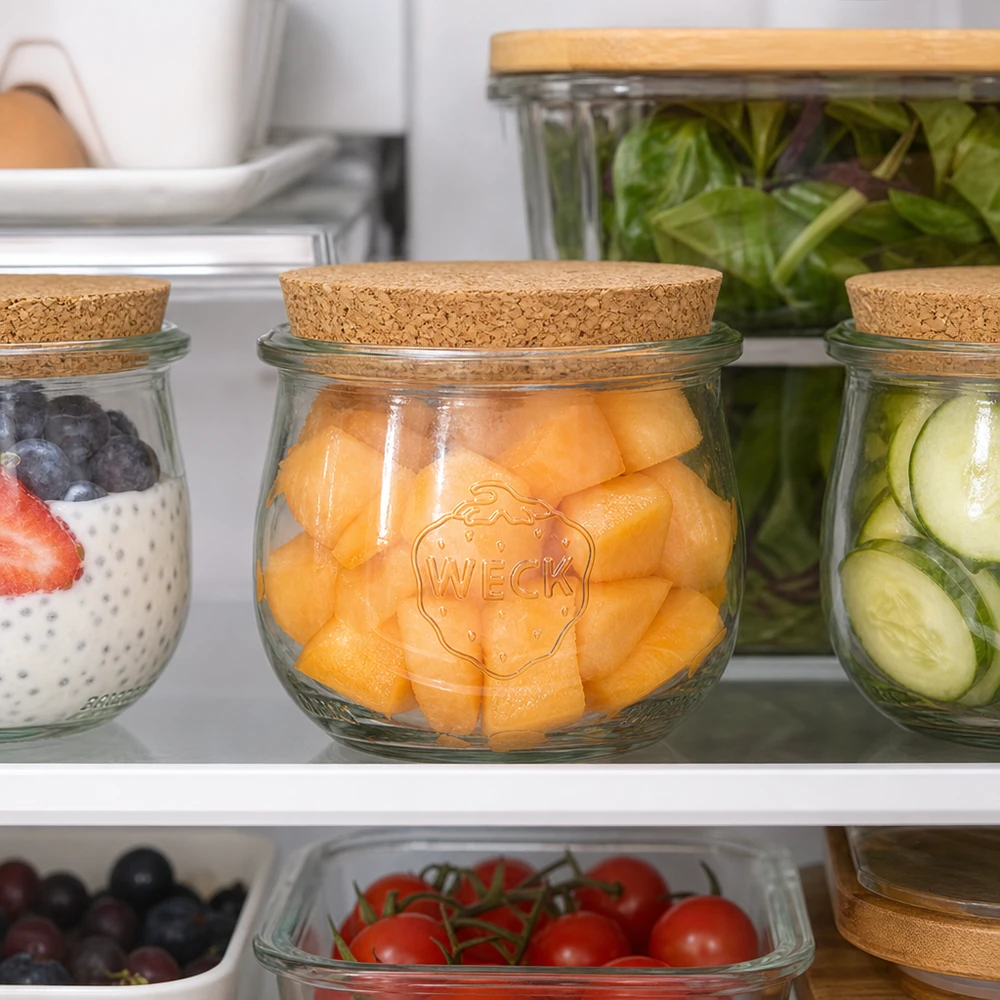370 ml tulpanburk WECK RR80 med naturkork WECK Tulpenglas 370ml RR80 mit Naturkorken im Kühlschrank zur Aufbewahrung von Cantaloupe Melone und Gemüse